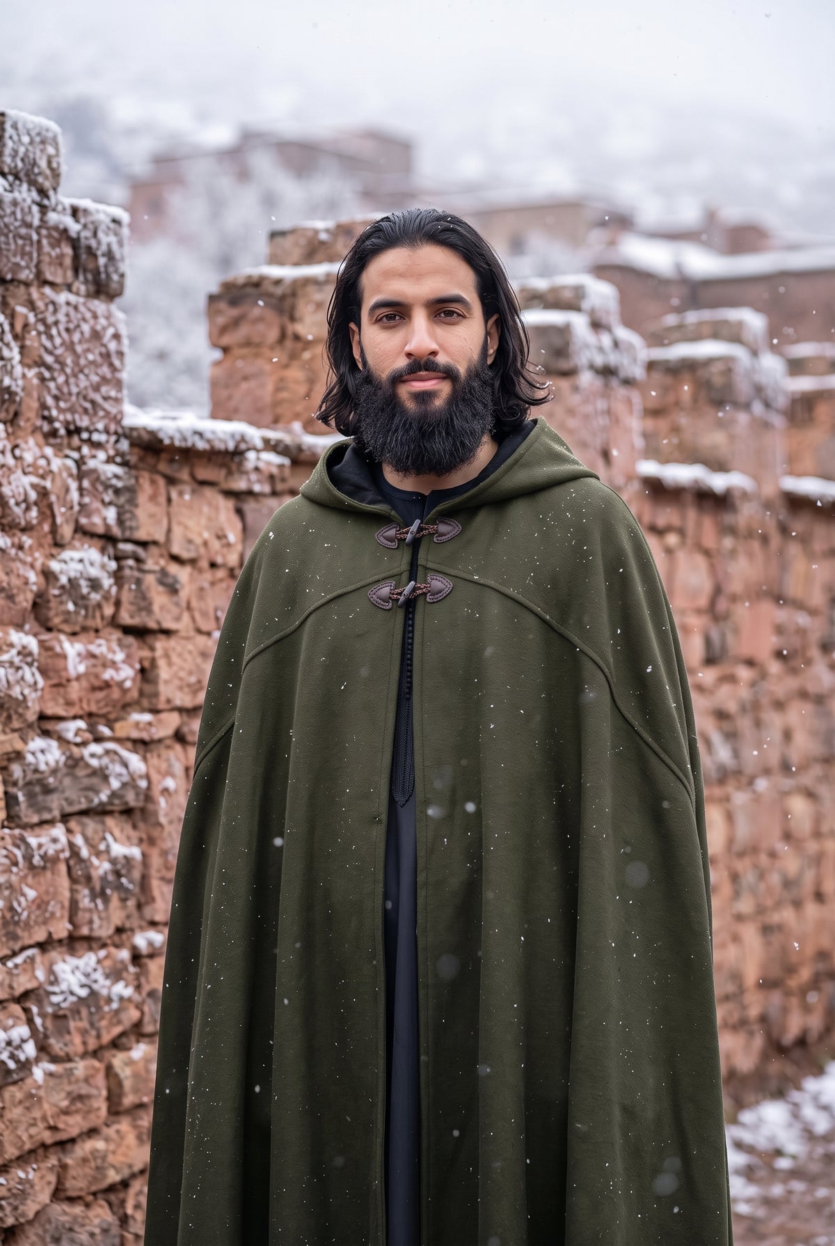 A man with a beard and long dark hair stands outdoors in front of snow-dusted stone walls, wearing an olive green medieval-style hooded cloak with toggle closures over a black garment.Arabian Burnous – Hooded Winter Cloak Cape with Toggle Closure | Warm Oversized Djellaba Coat for Men