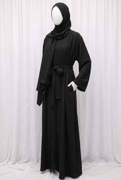 Black elegant 3-piece abaya set with belt, angled view