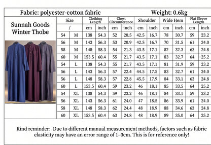Al Aseel winter thobe size chart with measurements in cm and inches