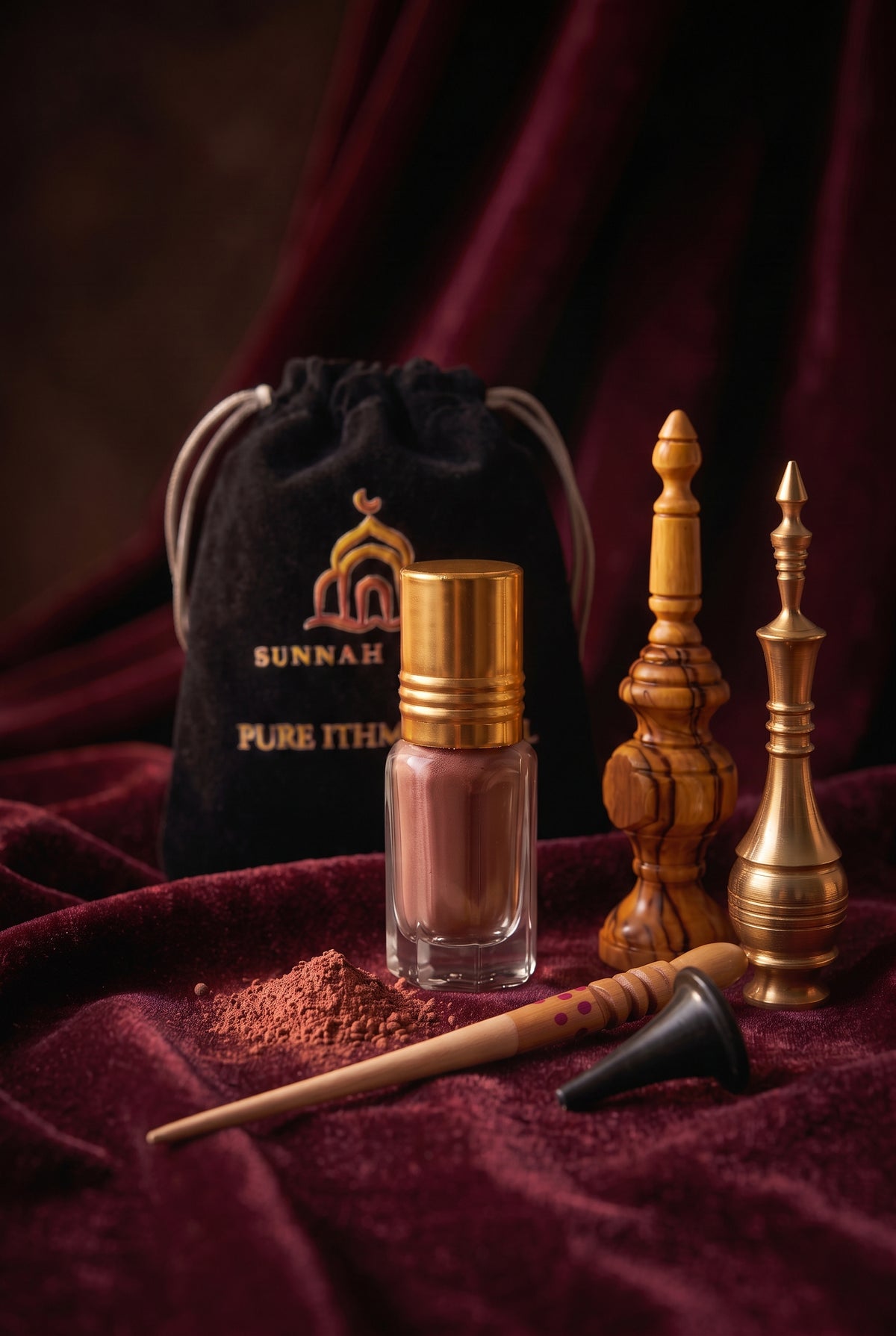Sunnah Goods Isfahani Red Ithmid Kohl set with burgundy kohl bottle, olive wood and copper applicators, kohl stick, funnel and velvet pouch