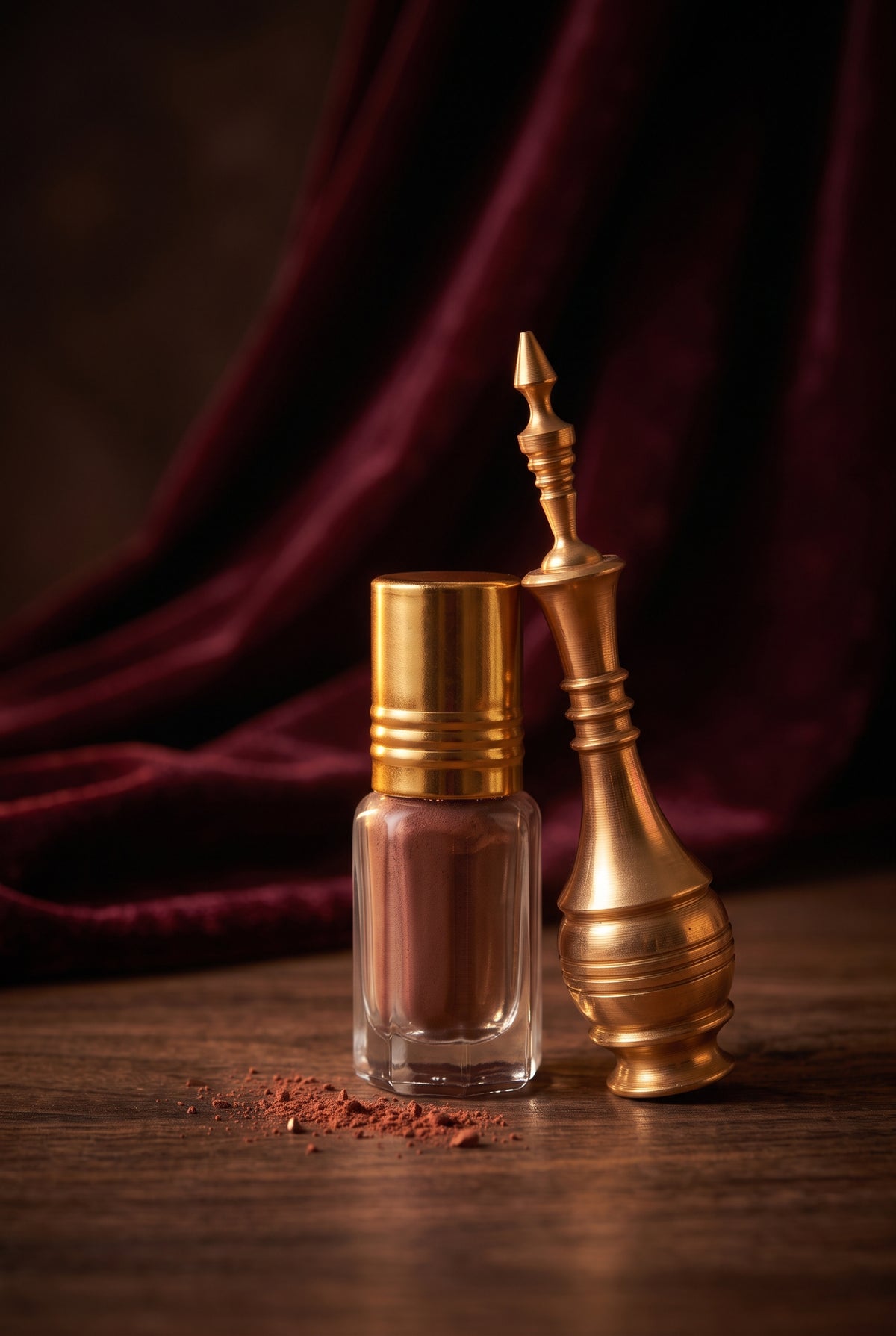 Red Ithmid Kohl bottle with golden copper kohl applicator and burgundy kohl powder