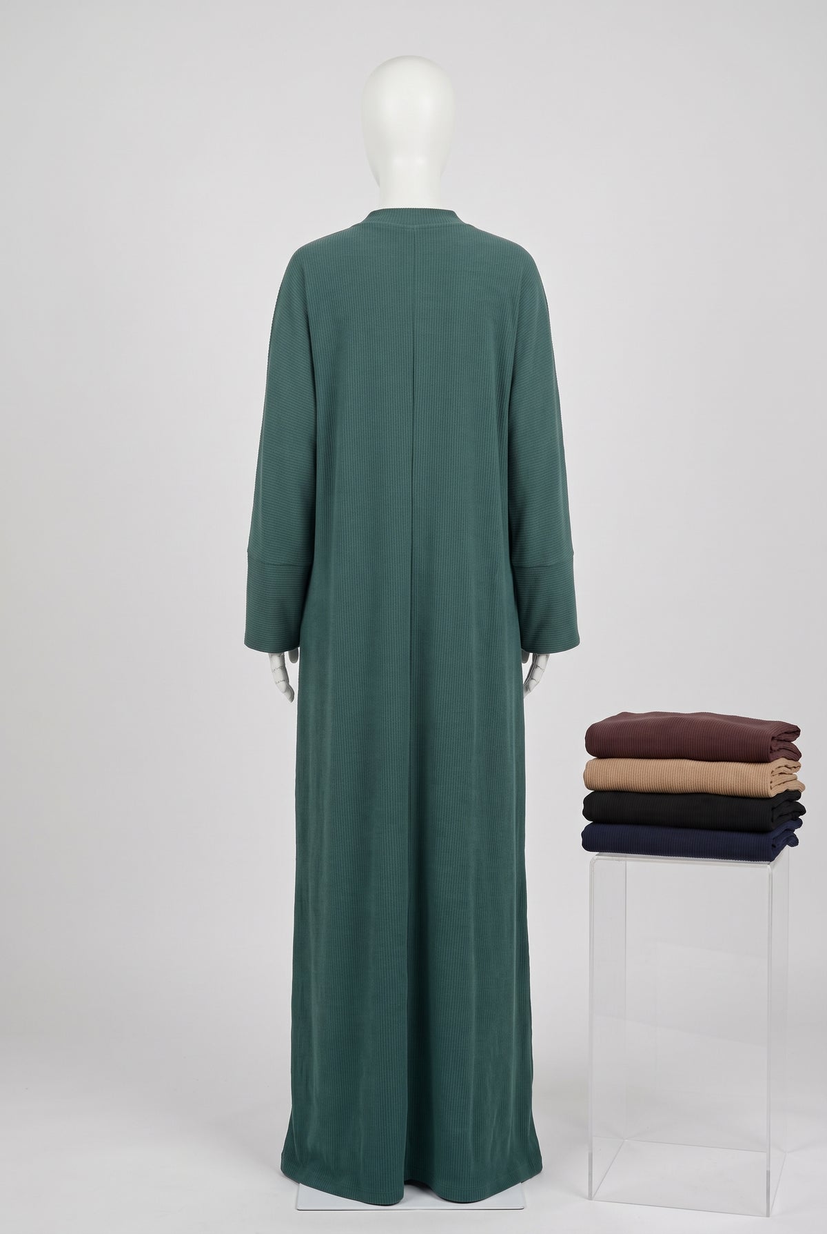 Back view of a teal ribbed front tie open abaya