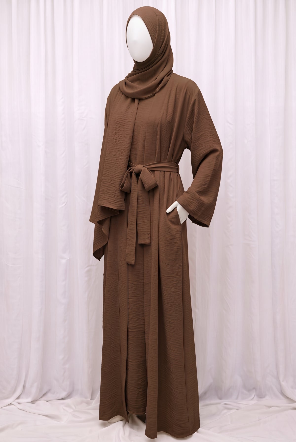 Brown elegant 3-piece abaya set with belt and matching hijab