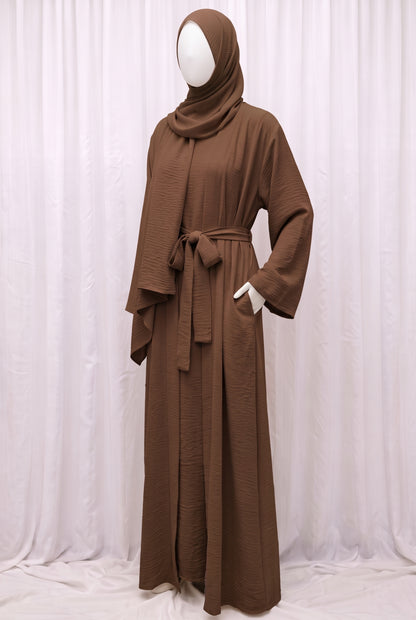 Brown elegant 3-piece abaya set with belt and matching hijab