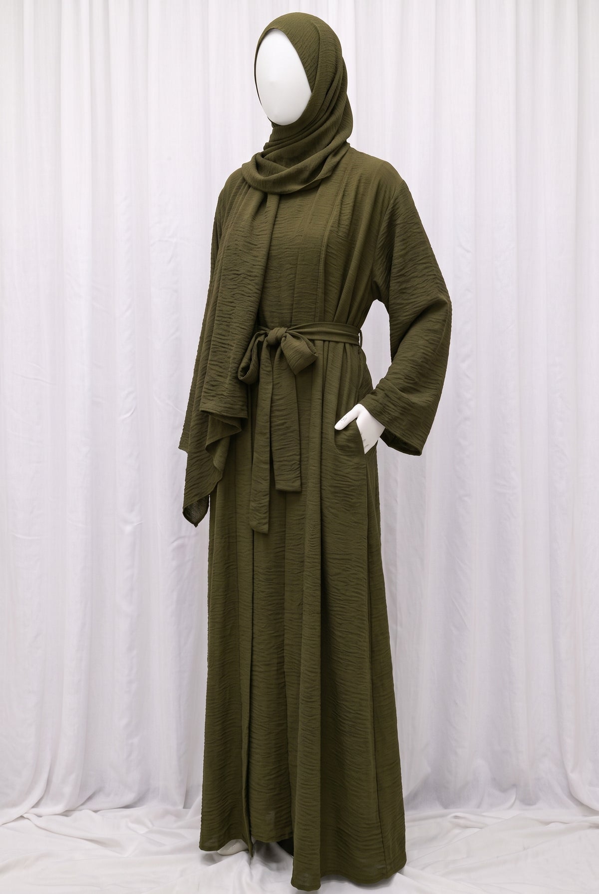 Olive elegant 3-piece abaya set with belt and matching hijab