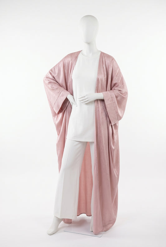 Blush pink metallic jacquard embossed open abaya over white
