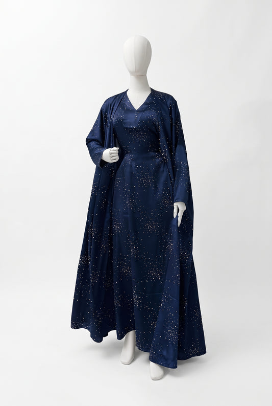 Navy luxury shimmer satin abaya dress with stardust rhinestones on a mannequin