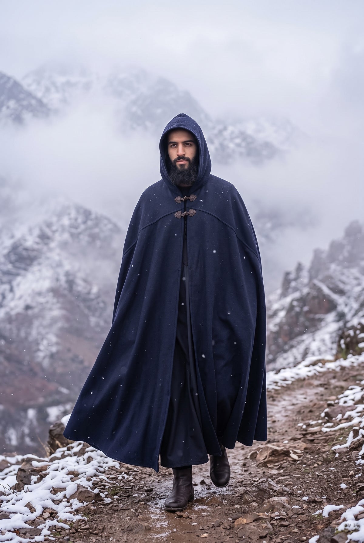 A man with a beard wearing a long navy blue hooded cloak with toggle closures, walking on a snowy mountain path with misty mountains in the background. Arabian Burnous – Hooded Winter Cloak Cape with Toggle Closure | Warm Oversized Djellaba Coat for Men