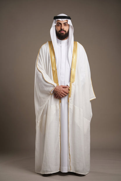 Bisht Cloak with Gold Embroidery for Men– Full Sleeve Arabic Thobe Robe | 5 Colors