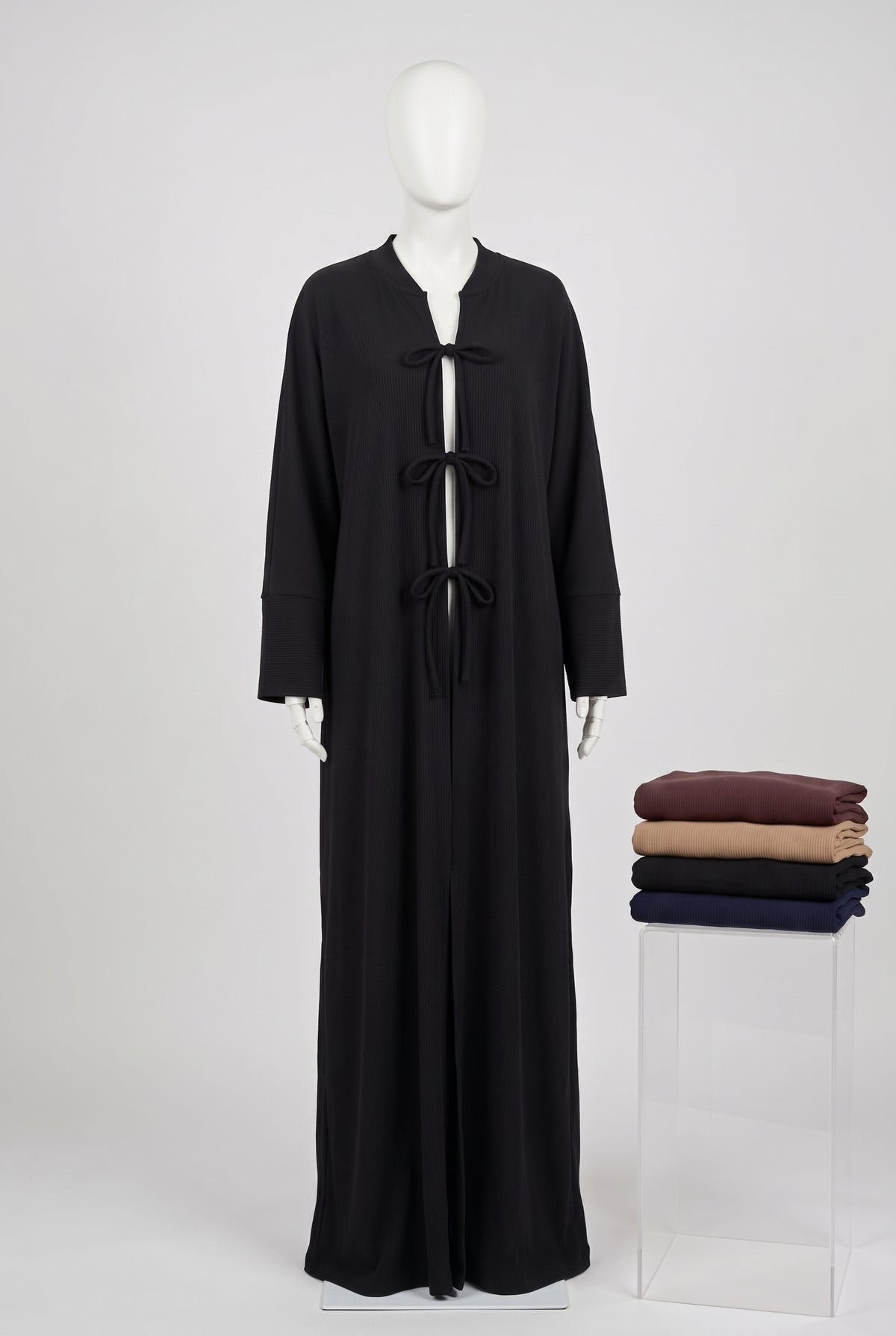 Black ribbed front tie open abaya on a mannequin