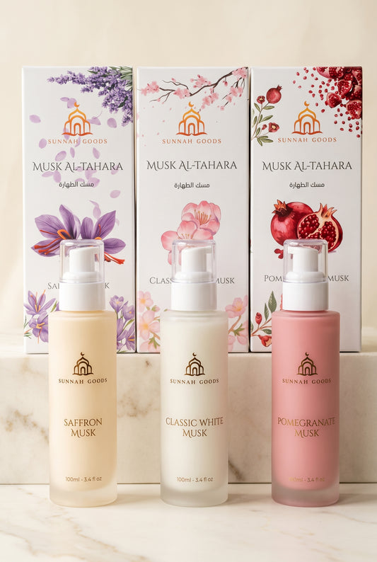 Musk Al Tahara by Sunnah Goods in Saffron Musk, Classic White Musk and Pomegranate Musk, 100ml frosted glass pump bottles in front of their gift boxes