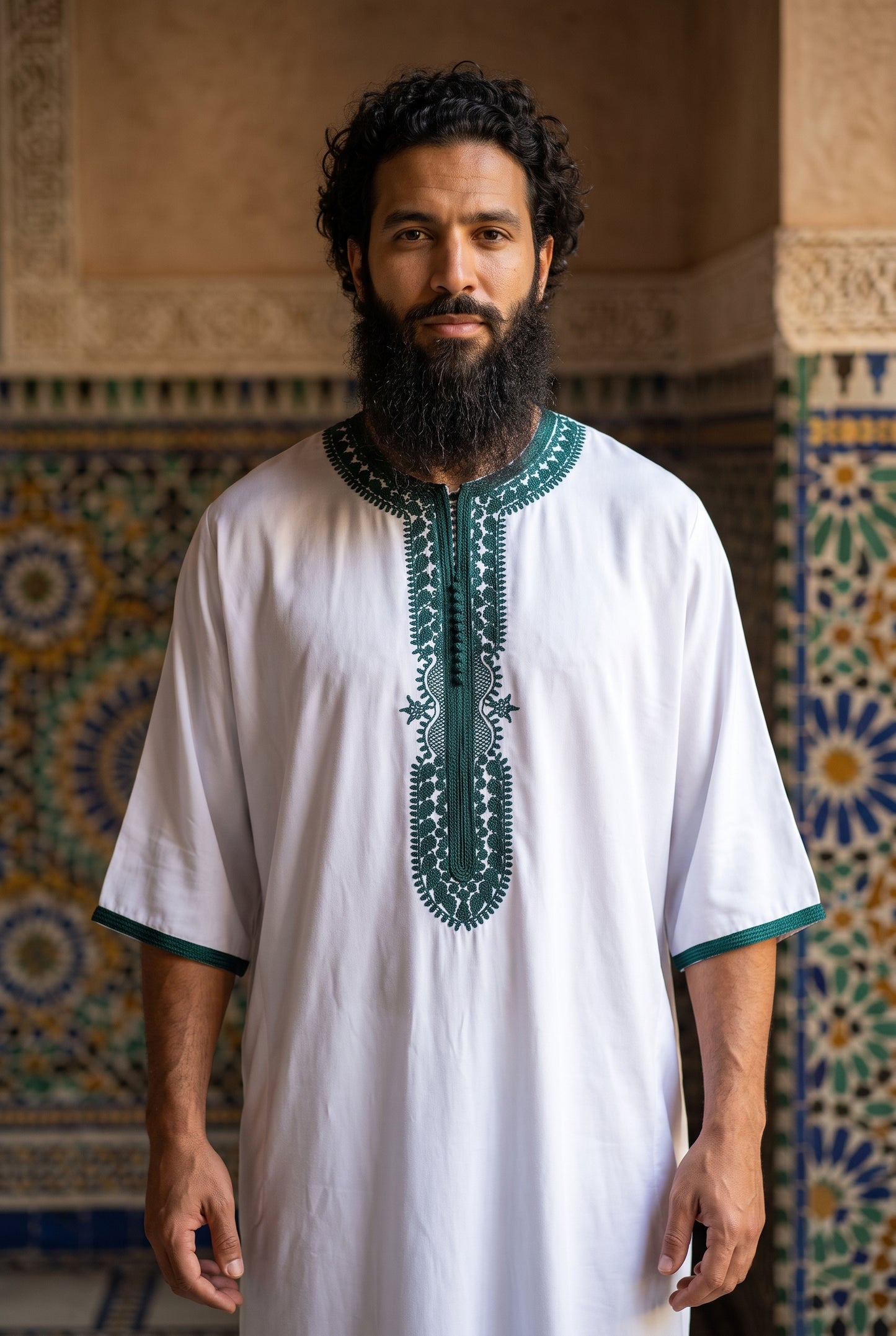 A bearded man with curly hair wearing a white traditional Morrocan thobe with green embroidery on the chest and sleeve cuffs, standing in front of a patterned tile wall.