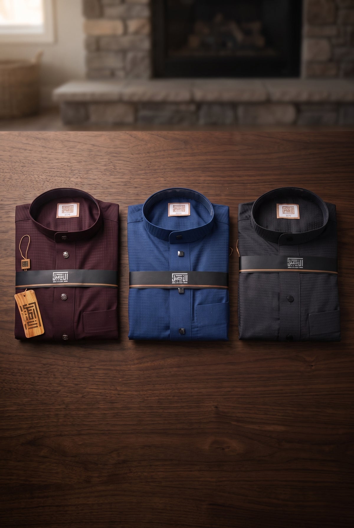 Burgundy, blue and charcoal Al Aseel winter thobes for men folded on a wooden table
