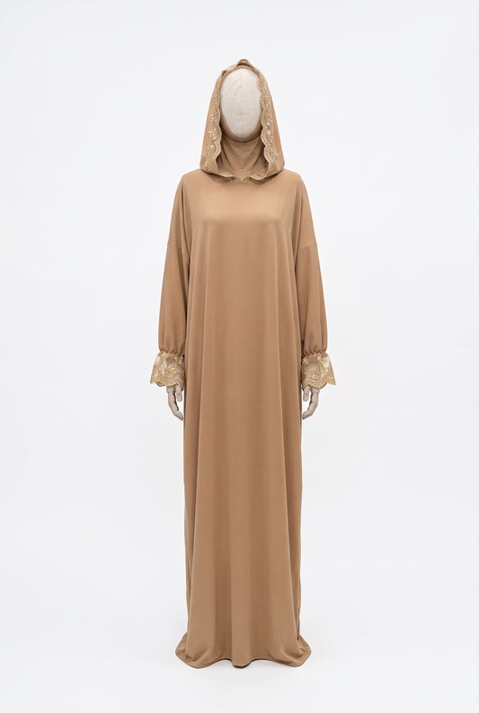 Camel soft jersey prayer abaya with attached hood and lace trim sleeves