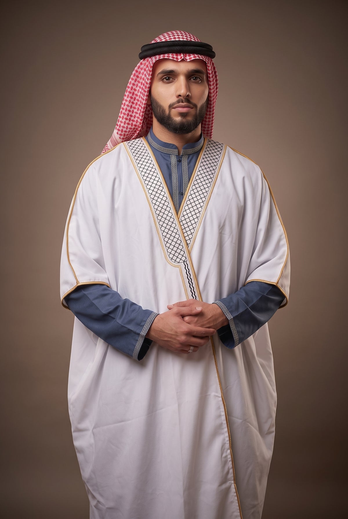 Bisht Cloak with Gold Embroidery for Men – Half Sleeve Checkered Arabic Robe | Black & White