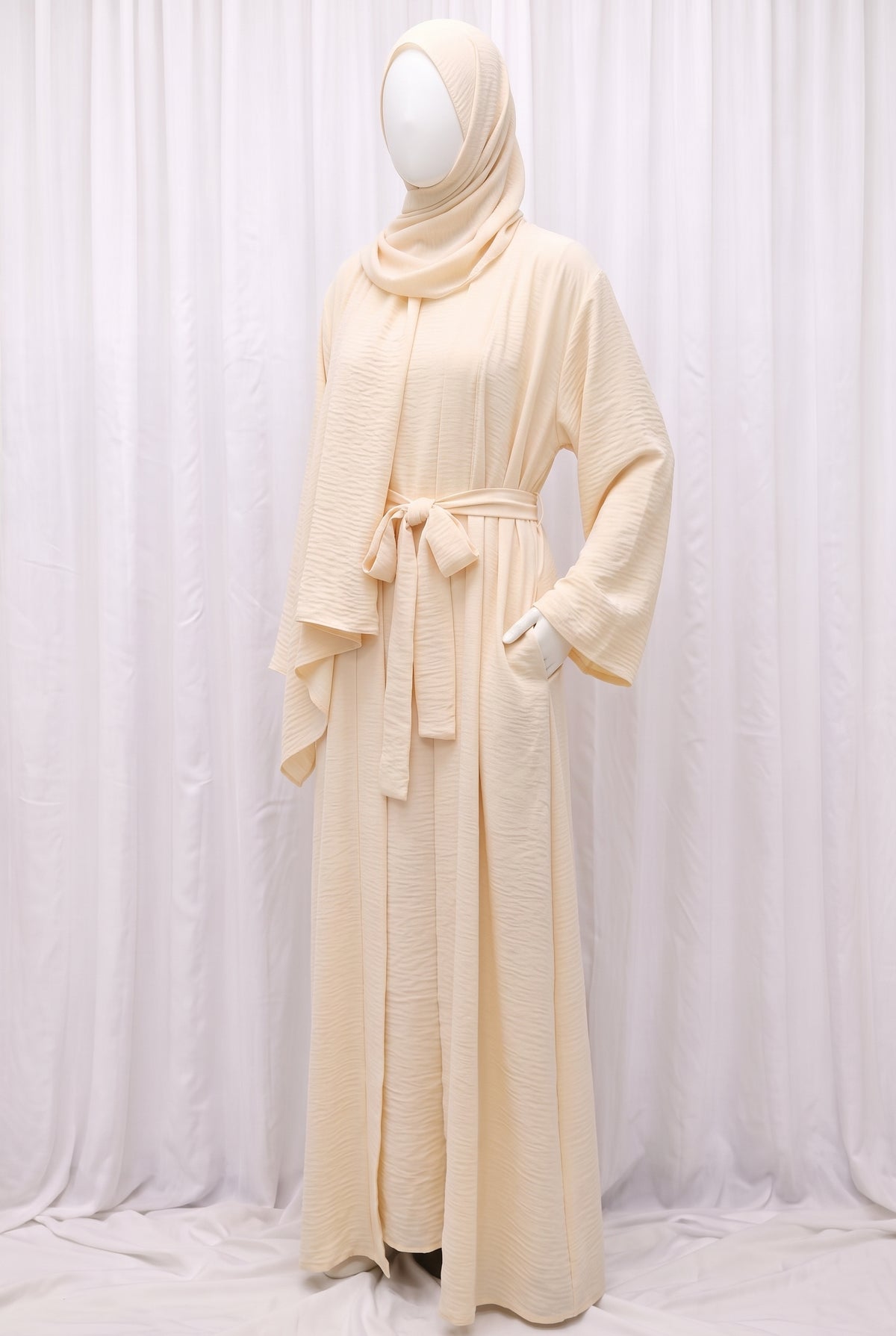Cream elegant 3-piece abaya set with belt and matching hijab
