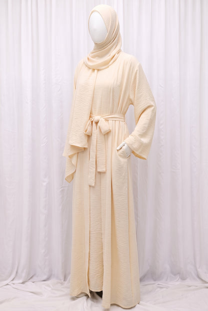 Cream elegant 3-piece abaya set with belt and matching hijab