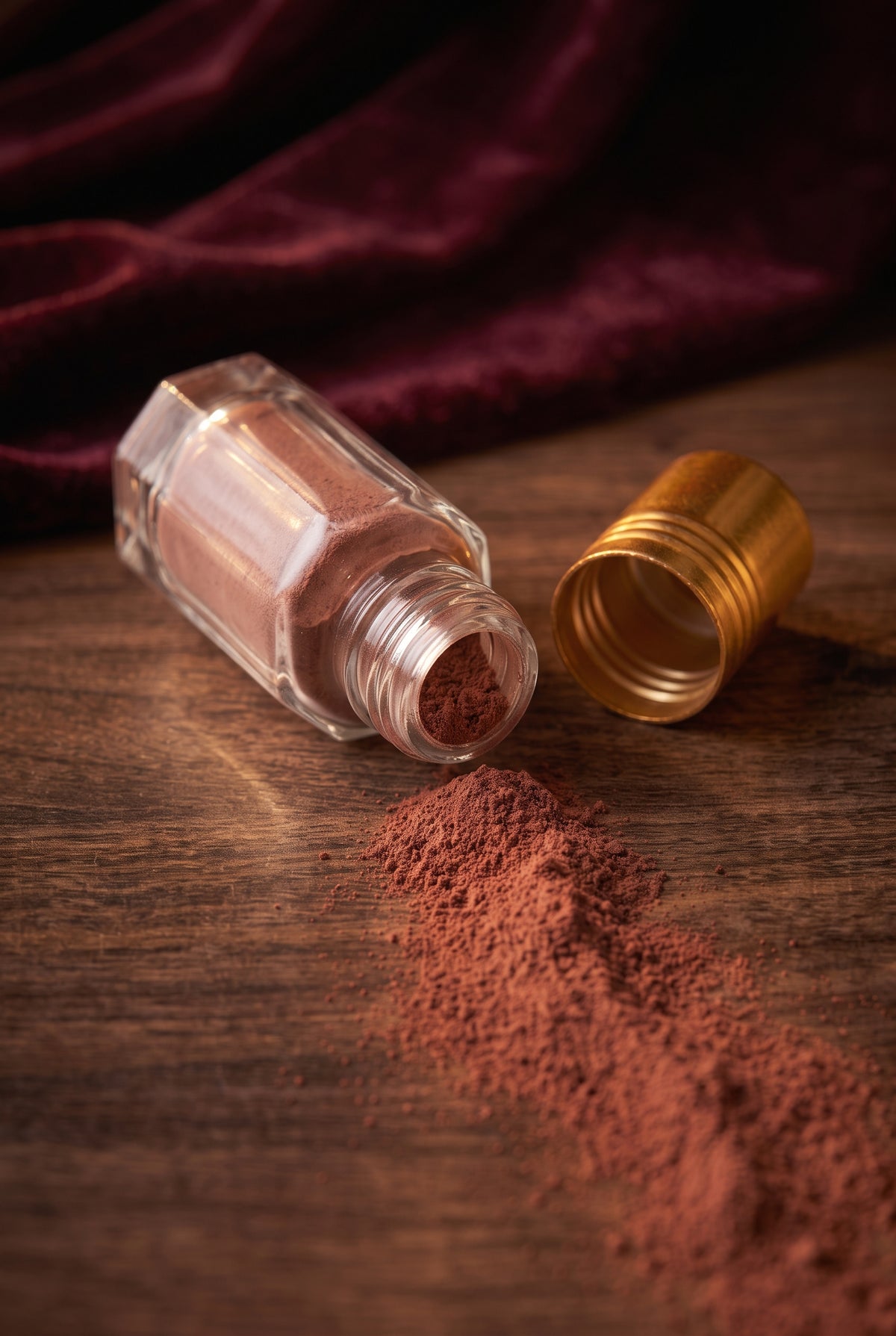 Red Ithmid Kohl bottle tipped over with ultra-fine burgundy kohl powder spilling onto dark wood