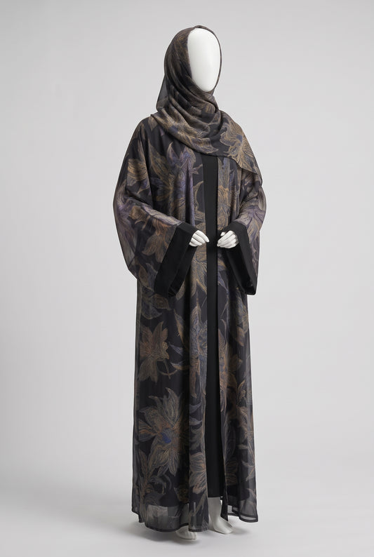 Dark vintage floral chiffon open abaya 2-piece set with matching hijab on a mannequin