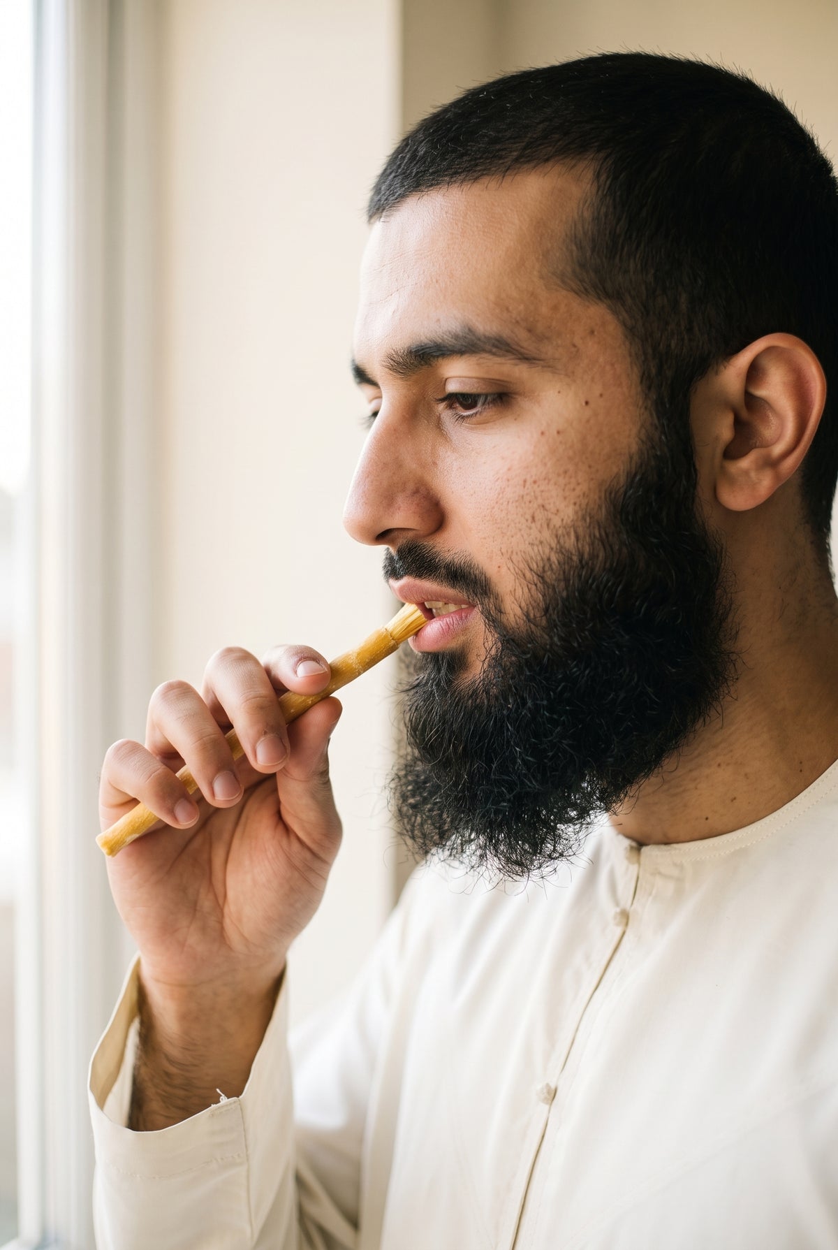 Bearded man using an Arak miswak to clean his teeth by a window