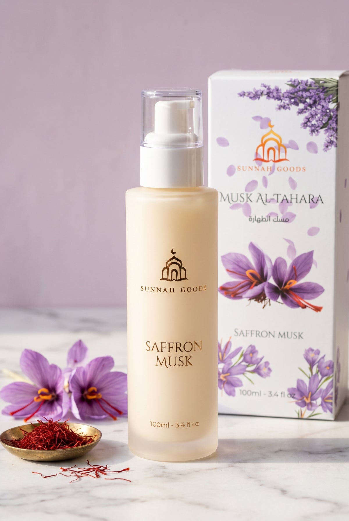 Musk Al Tahara Saffron Musk 100ml cream frosted glass pump bottle with its saffron flower gift box, saffron crocus flowers and saffron threads