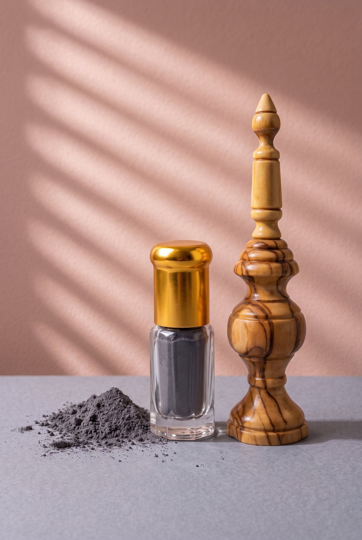 Ithmid Kohl bottle with hand-turned olive wood kohl applicator and charcoal kohl powder