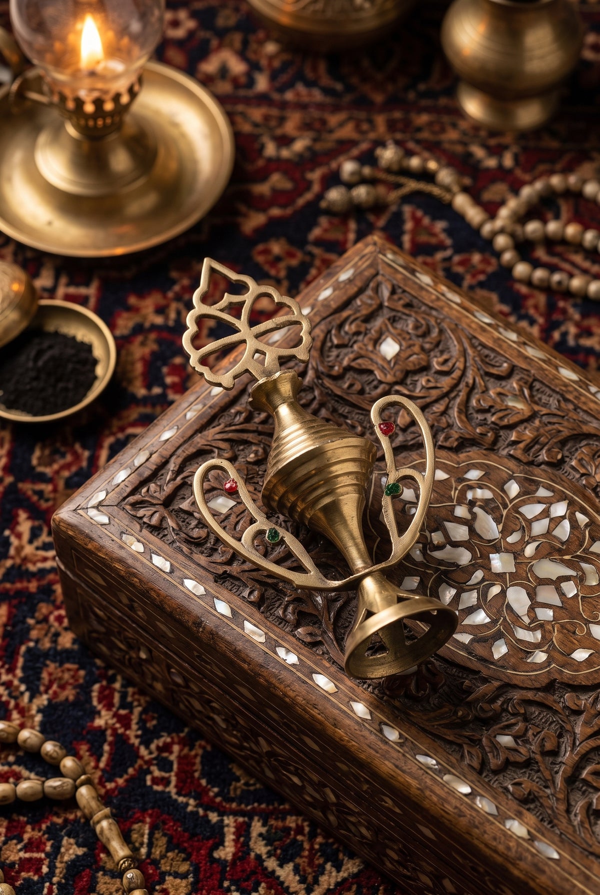Vintage kohl applicator on a carved wooden box with a Persian rug, brass lamp and prayer beads