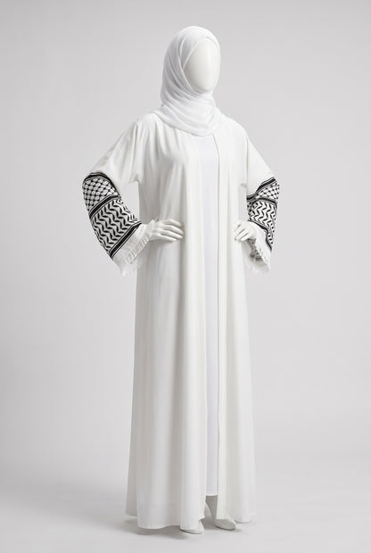 White Palestine heritage keffiyeh cuff abaya in linen crinkle, front view