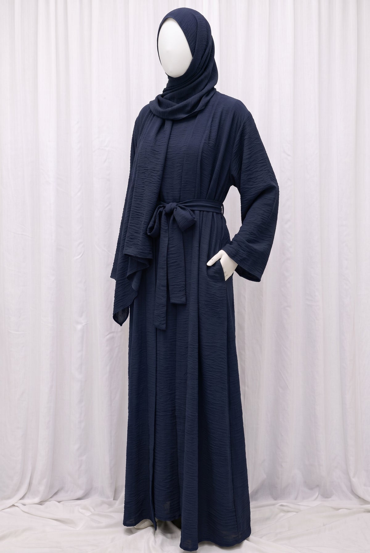 Navy elegant 3-piece abaya set with belt and matching hijab