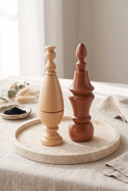 Natural Beech and Antique Chestnut beech wood kohl applicators on a stone tray