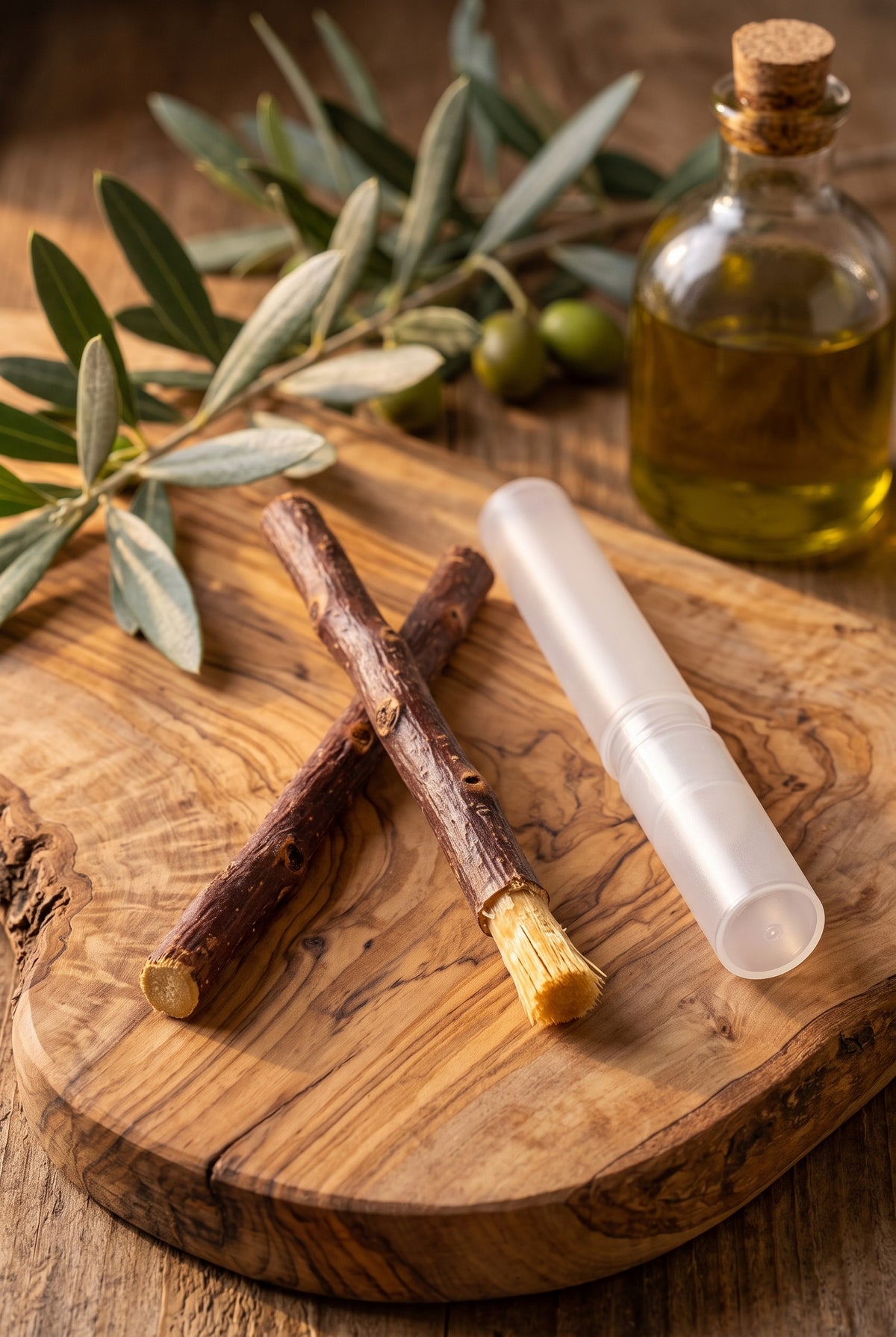Two Zaitoon olive miswak sticks and holder on an olive wood board with an olive branch and olive oil