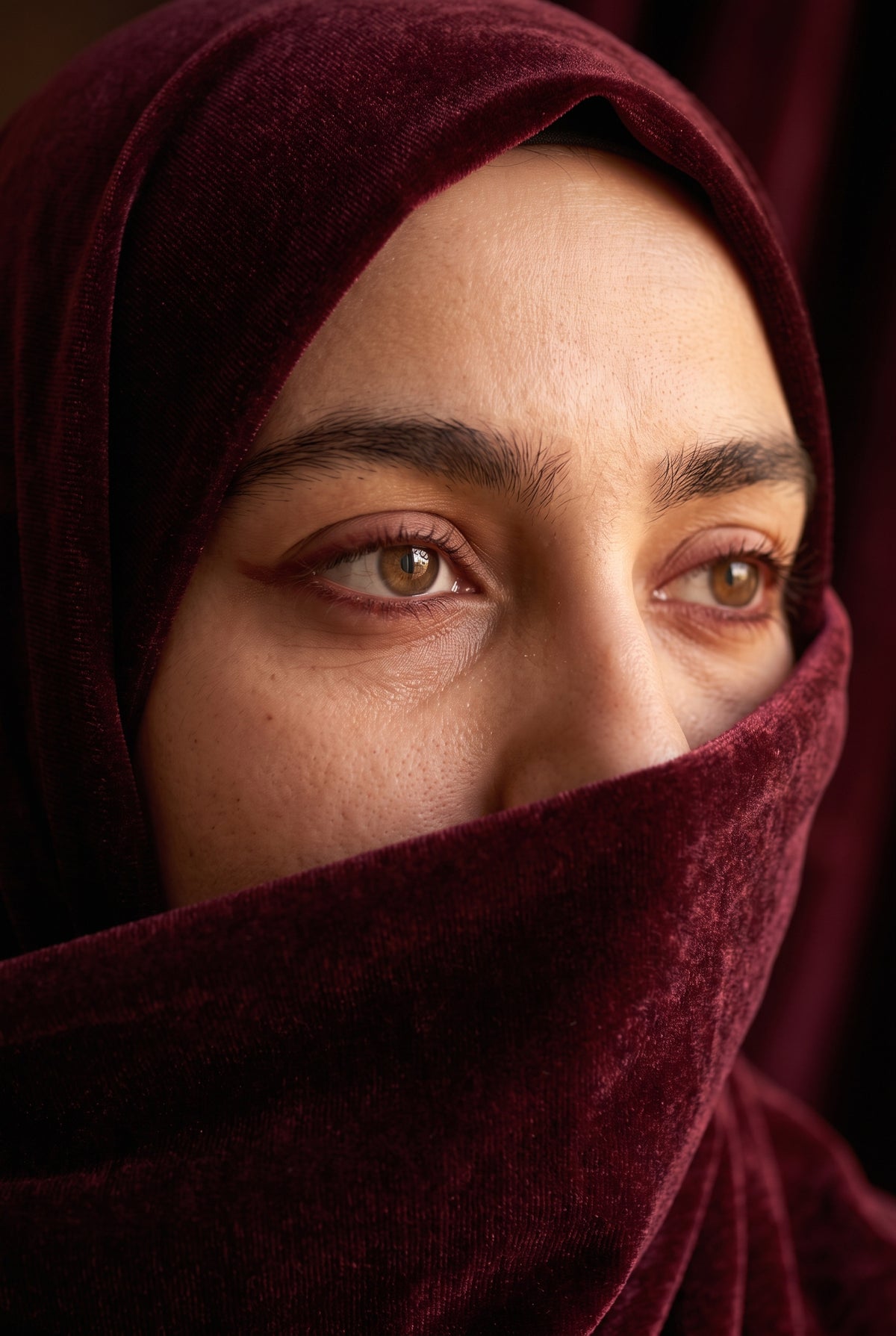 Woman in a burgundy hijab wearing soft reddish-brown Red Ithmid kohl along her waterline