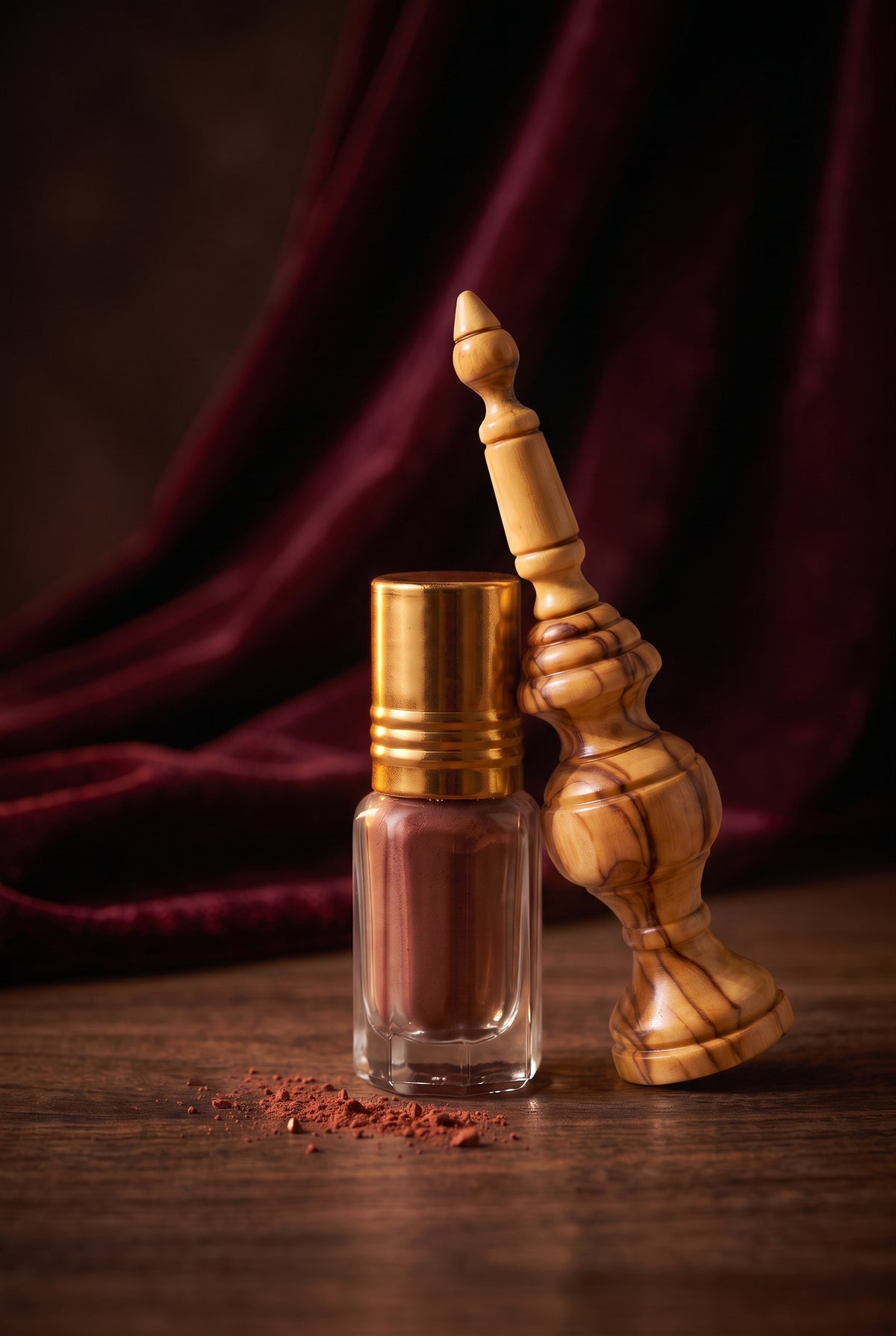 Red Ithmid Kohl bottle with hand-turned olive wood kohl applicator and burgundy kohl powder