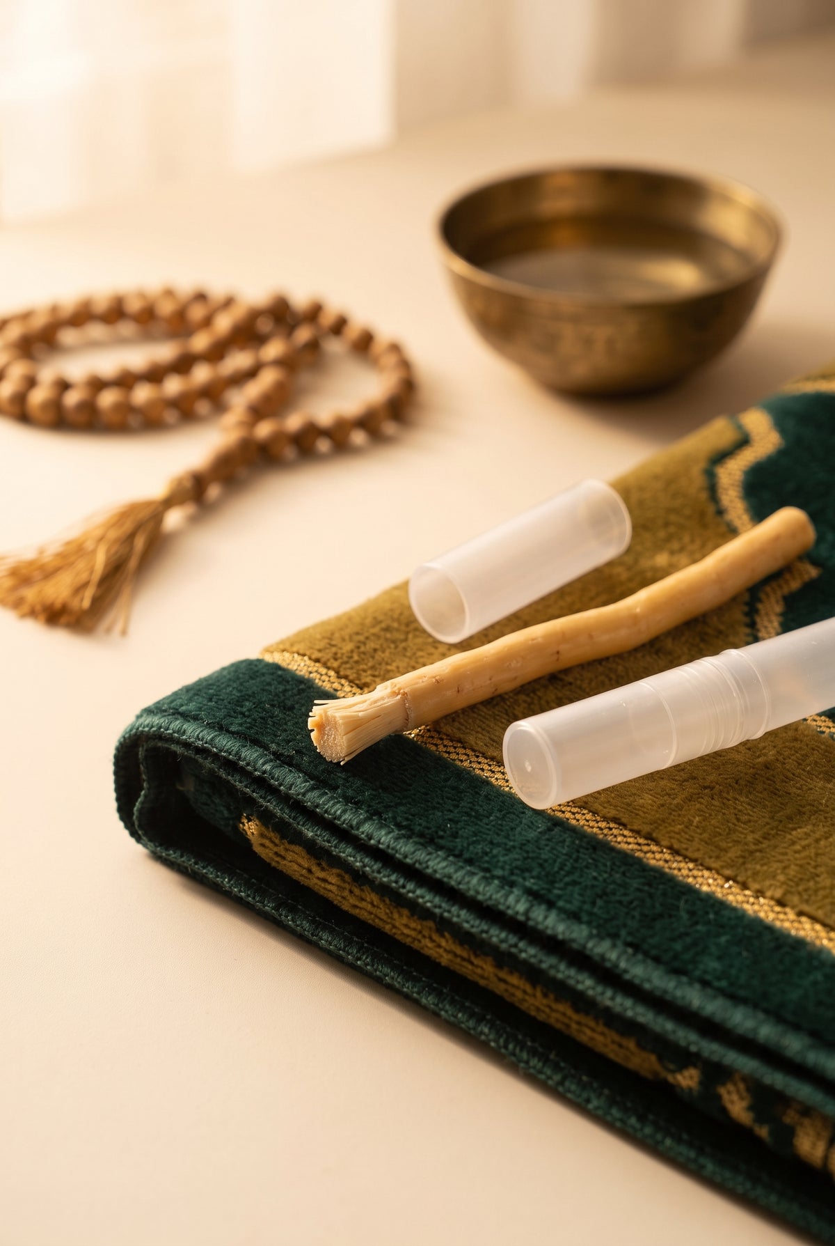 Arak miswak and clear holder resting on a green prayer rug beside prayer beads and a brass bowl