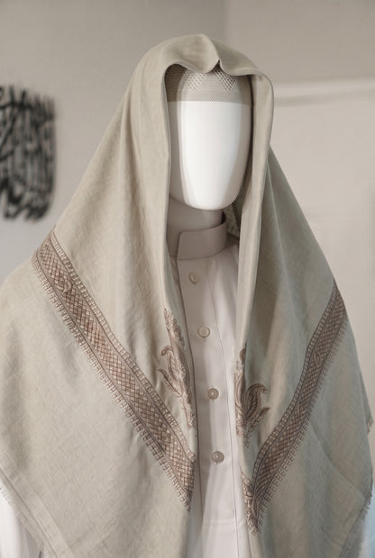 Oasis pale mint shemagh with burgundy embroidered trim on white mannequin