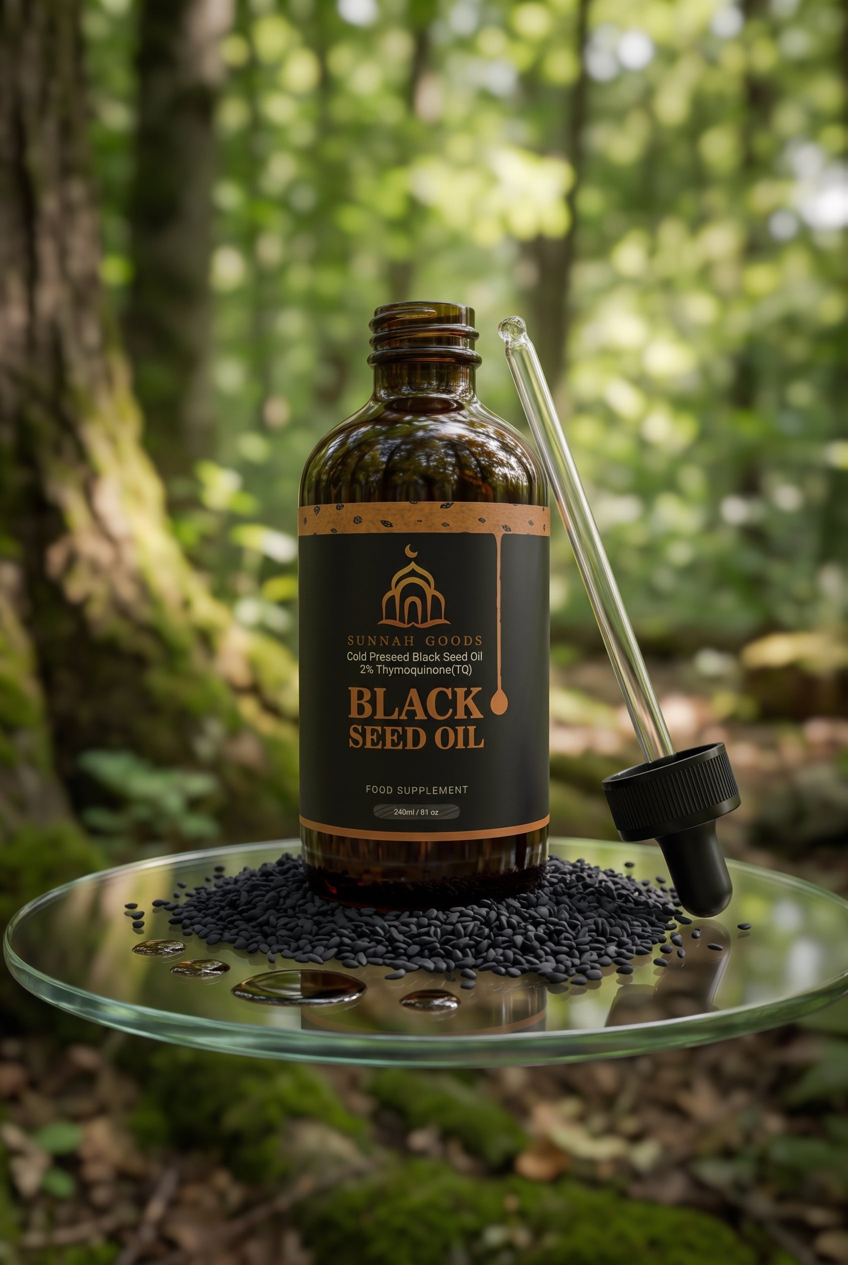 A bottle of Islamic Golds Black Seed Oil stands on a glass tray with loose black seeds and a glass dropper in a forest setting.