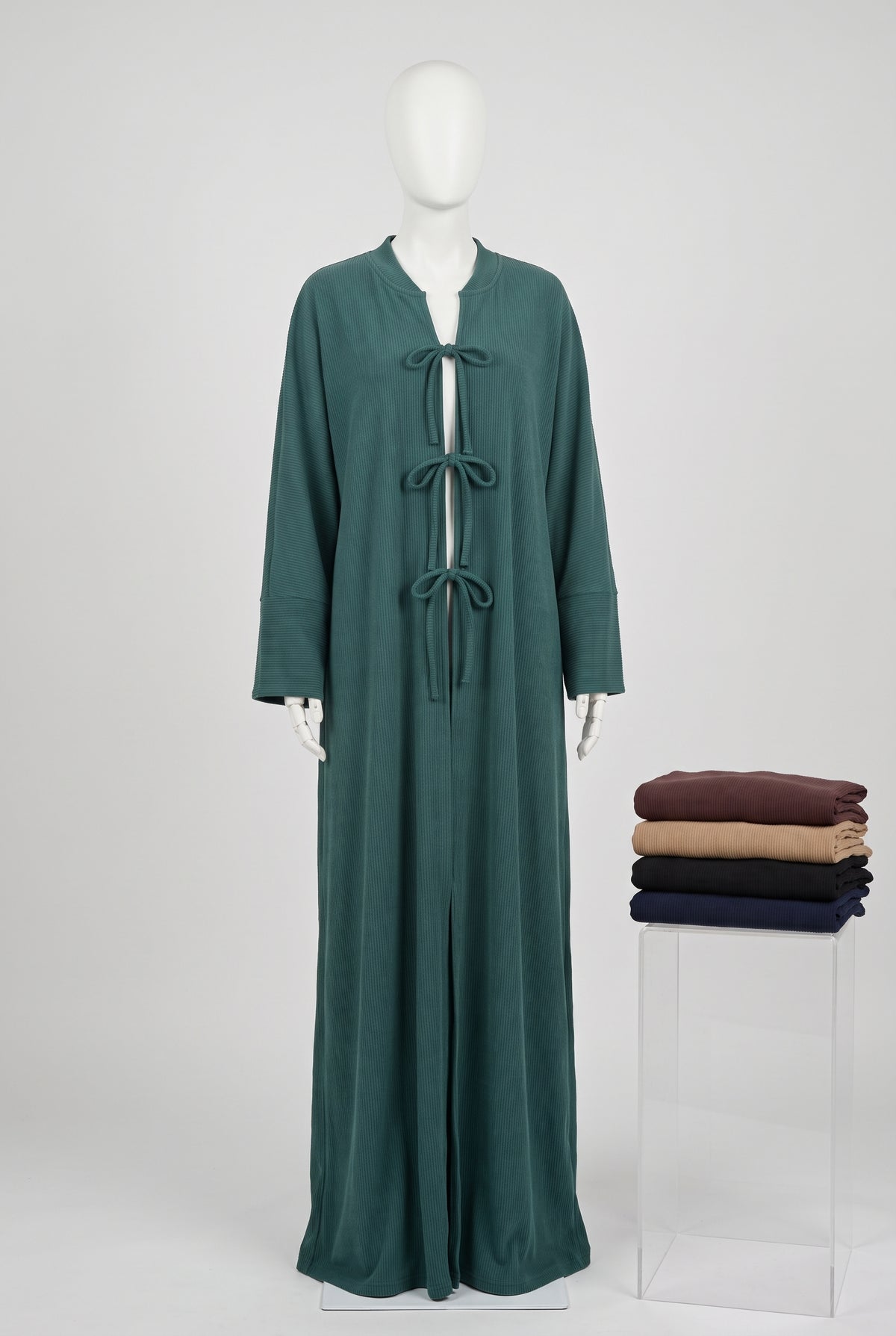 Teal ribbed front tie open abaya on a mannequin