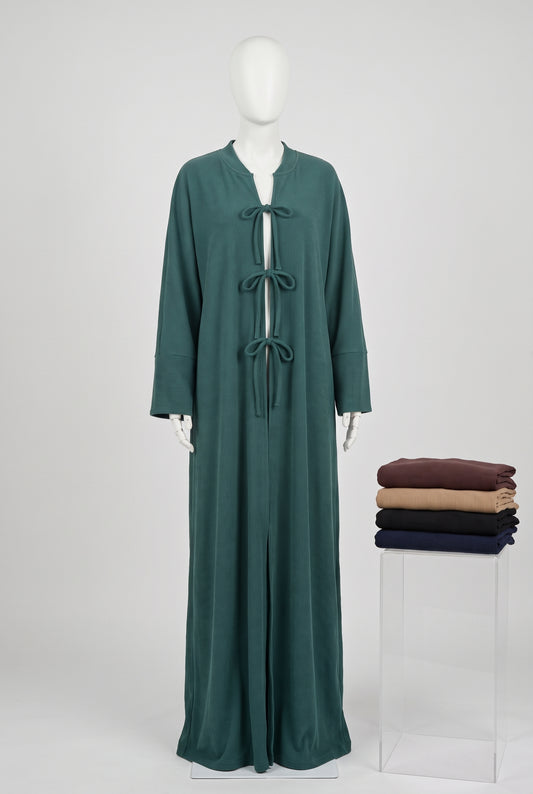 Teal ribbed front tie open abaya on a mannequin, front view