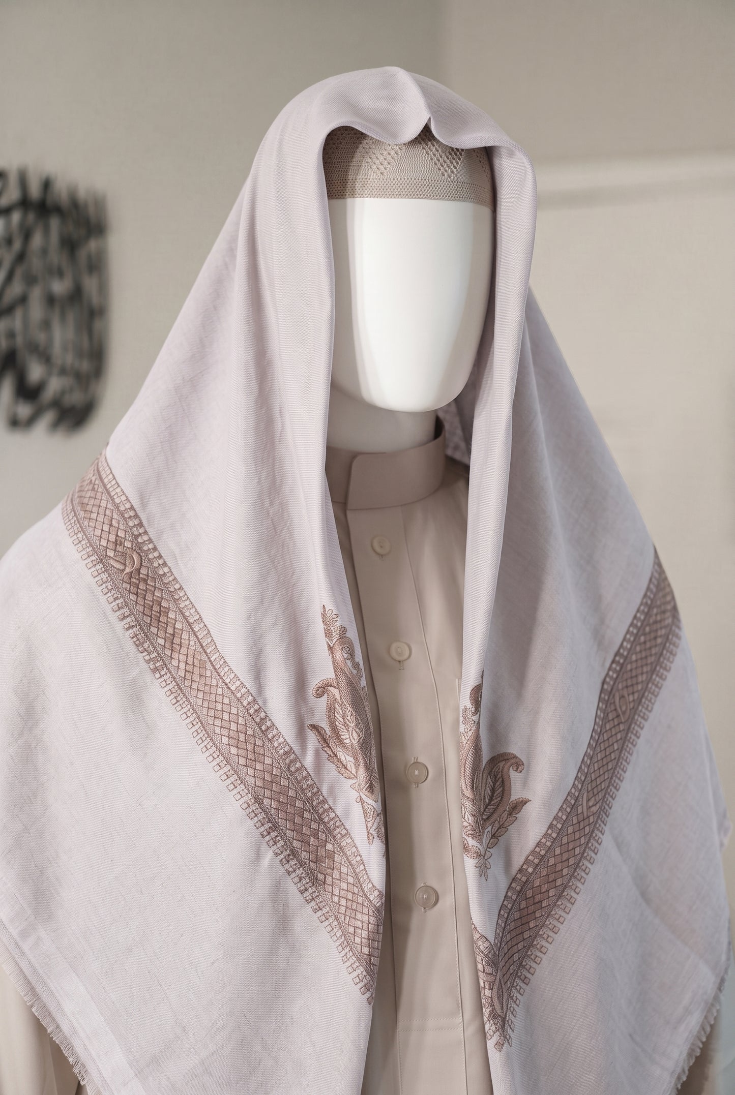 Frost pale lilac-white shemagh with embroidered border on white mannequin