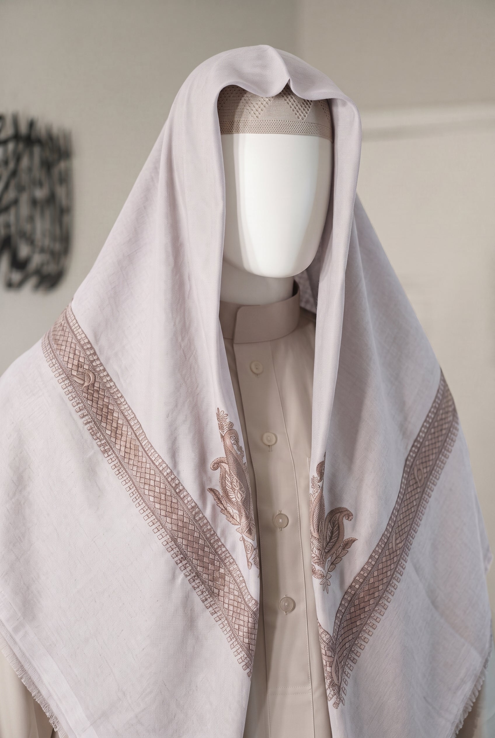 Frost pale lilac-white shemagh with embroidered border on white mannequin