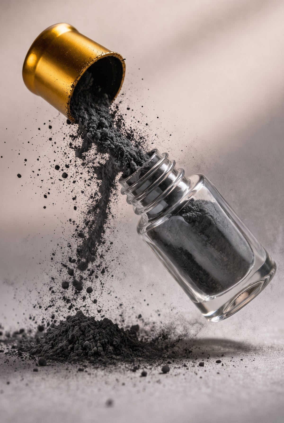 Clear bottle of Ithmid Kohl tipping over with charcoal kohl powder spilling from the gold cap