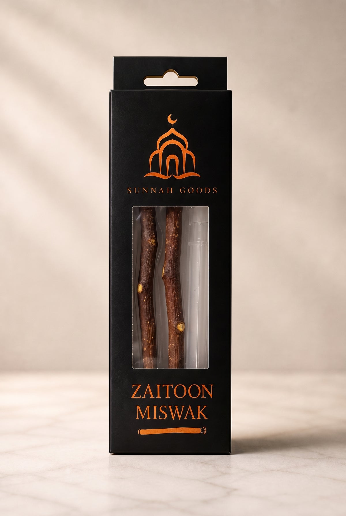 Sunnah Goods Zaitoon Miswak box with 2 olive tree miswak sticks and a clear holder