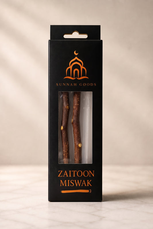 Sunnah Goods Zaitoon Miswak box with 2 olive tree miswak sticks and a clear holder