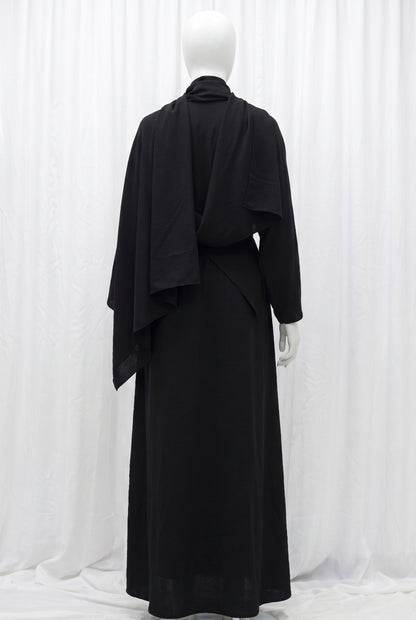 Back view of a black elegant 3-piece abaya set