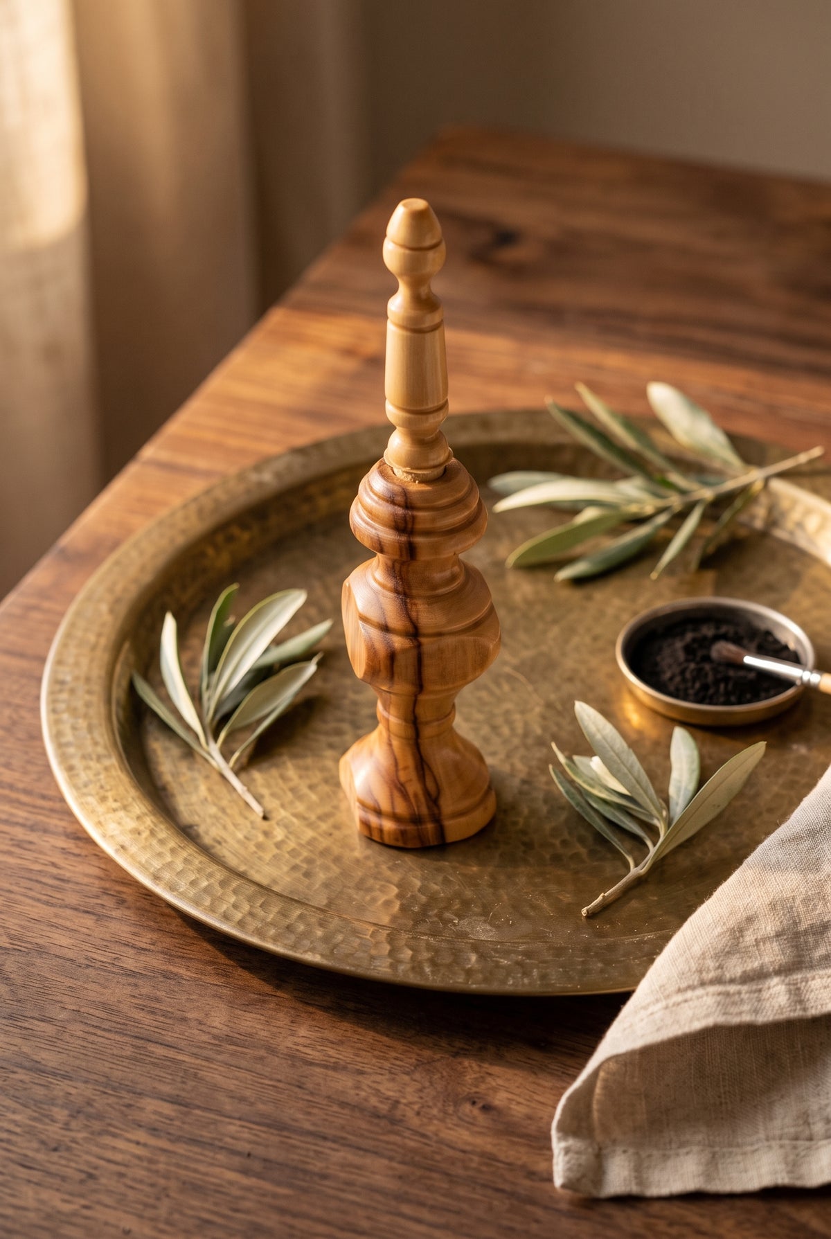 Olive wood kohl applicator on a round brass tray with olive leaves and kohl powder