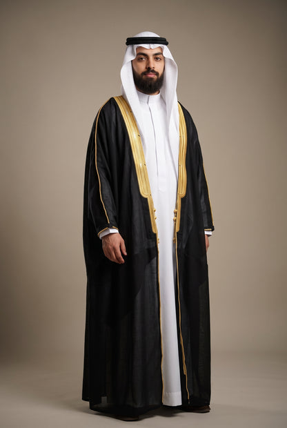 Bisht Cloak with Gold Embroidery for Men– Full Sleeve Arabic Thobe Robe | 5 Colors