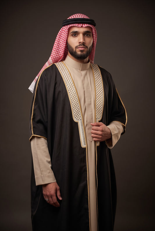 Bisht Cloak with Gold Embroidery for Men – Half Sleeve Checkered Arabic Robe | Black & White