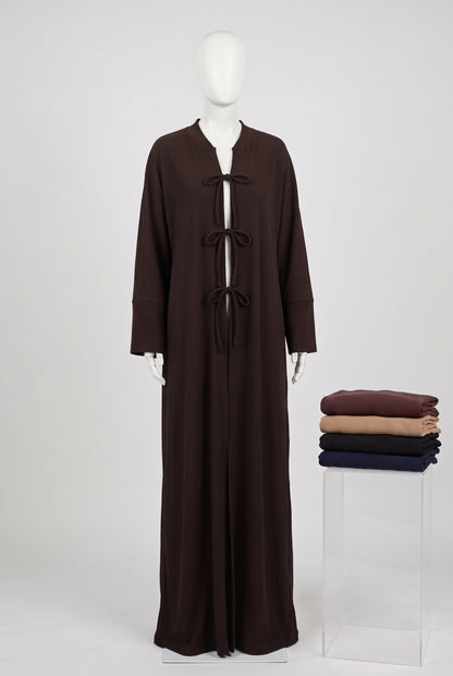 Dark brown ribbed front tie open abaya on a mannequin