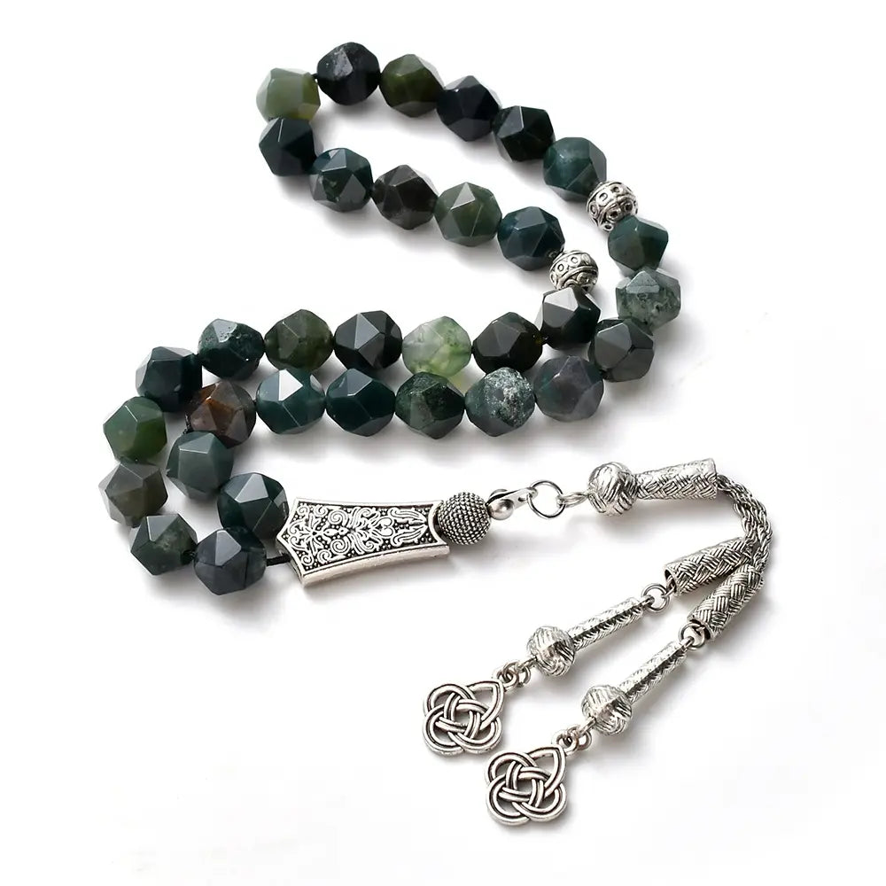 The Tranquil Misbaha: Natural Moss Agate - 33 Beads, 10mm