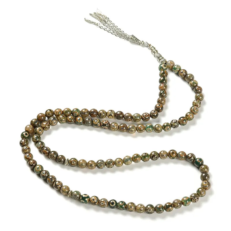 Mystic Green Misbaha: Green Tibetan Dzi - 99 Beads, 8mm